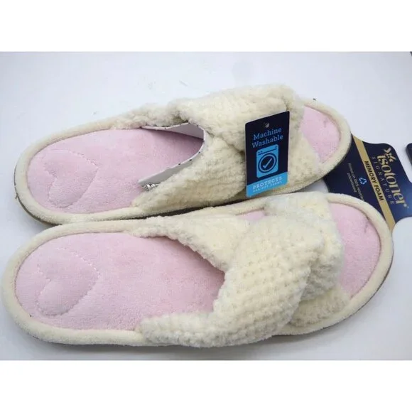 Isotoner Popcorn ECO Microterry Slide Slippers with Memory Foam, Ivory, XL - Picture 4 of 9